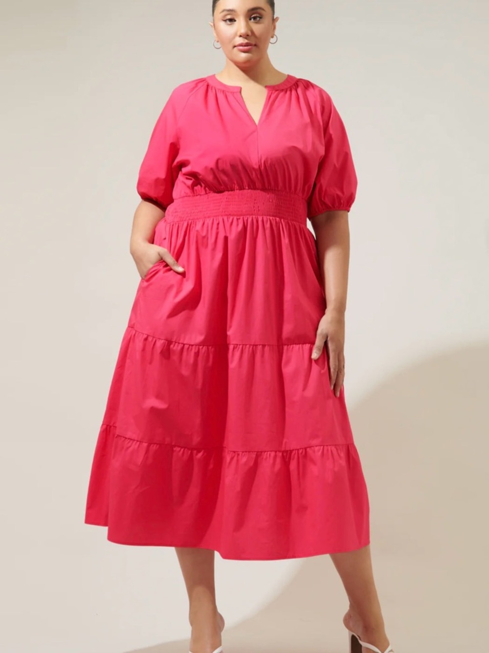 Sugarlips Jamila Poplin puff sleeve hotPink Tiered Midi Dress with Smocked Waist